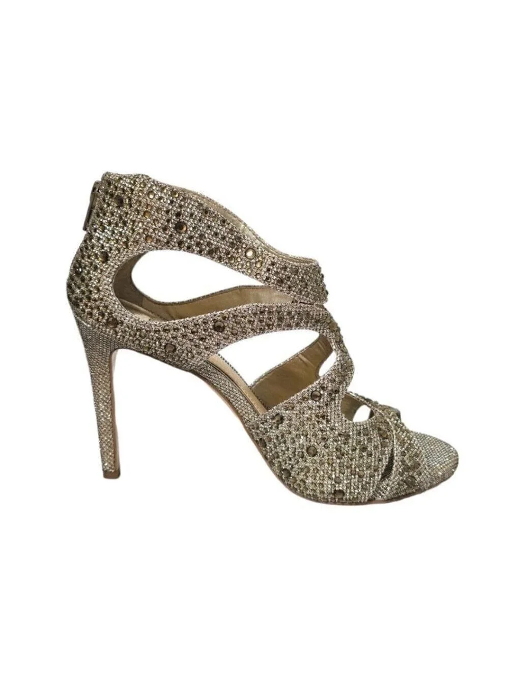 Gianni Bini Gold Flame042 Rhinestone Open Toe Stiletto Heels Sz 8